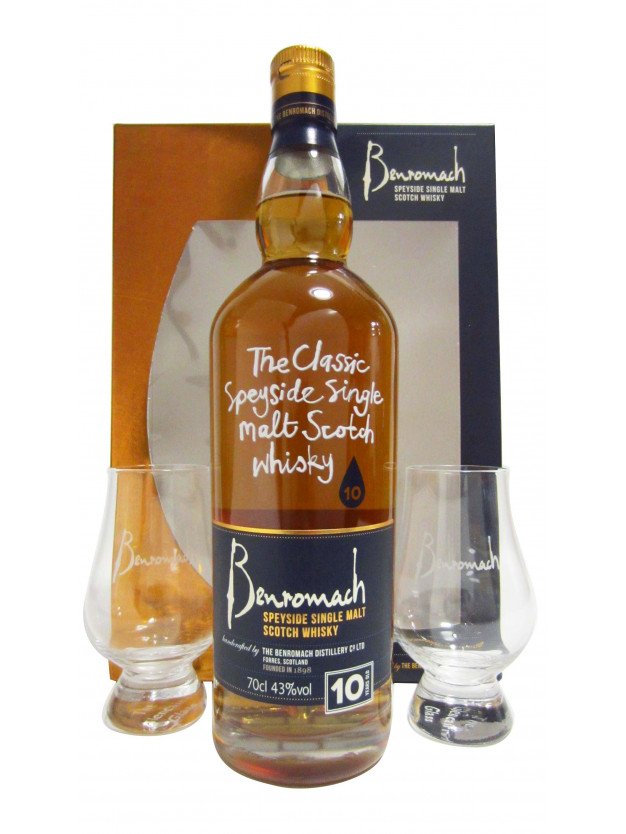 Benromach - Speyside Single Malt & 2 x Glasses Gift Set 10 year old Whisky 70CL