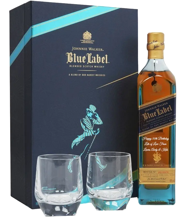 Johnnie Walker Scotch Blended Blue Label Gft Pk W/ Glasses 750ml