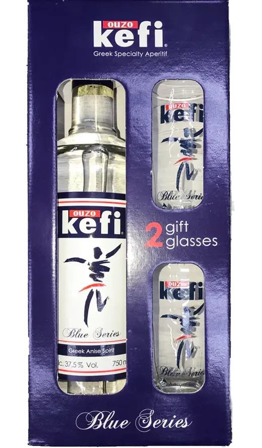 Ouzo Kefi Blue Series W/ 2 Glasses Greece 750ml