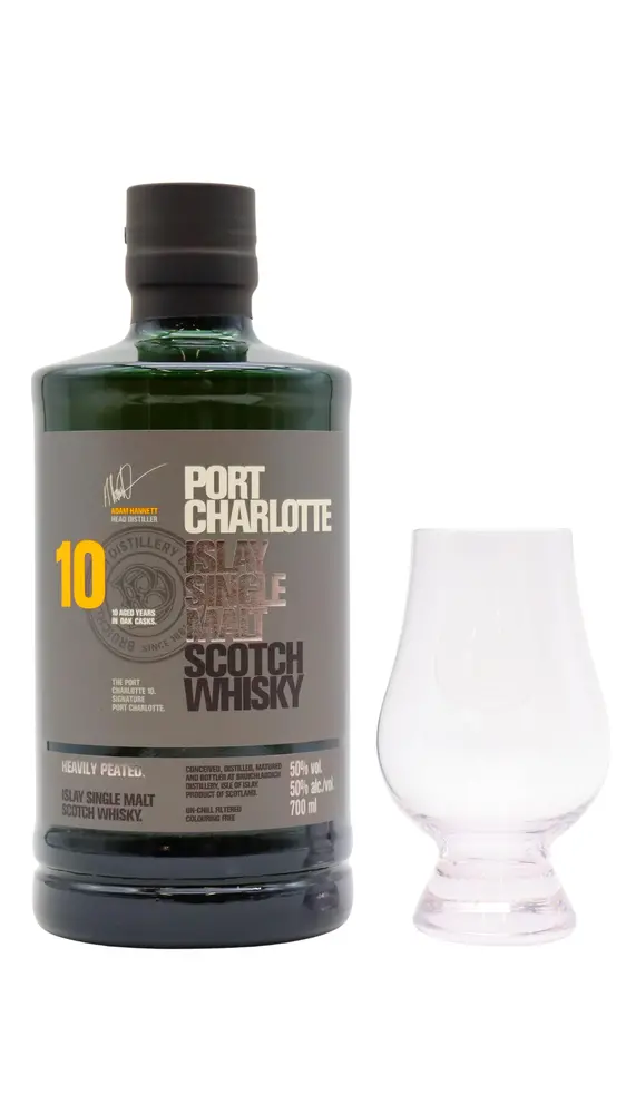 Port Charlotte - Heavily Peated Islay Single Malt Scotch 10 year old Whisky (Includes Glencairn Glass) 70CL