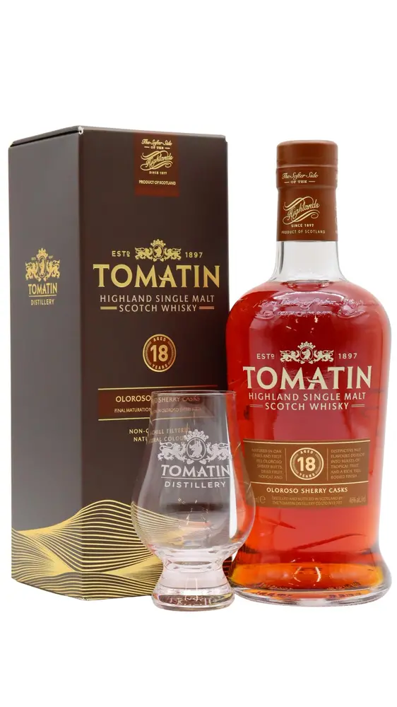 Tomatin - 18 year old Sherry Cask Highland Single Malt Whisky 70cl 46% ABV (Includes Glencairn Glass)