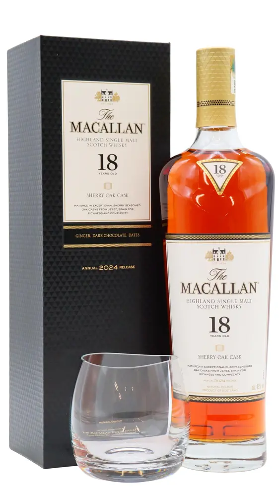 Macallan - 2024 Release Sherry Oak Highland Single Malt Scotch 18 year old Whisky (Includes Tasting Glass) 70CL