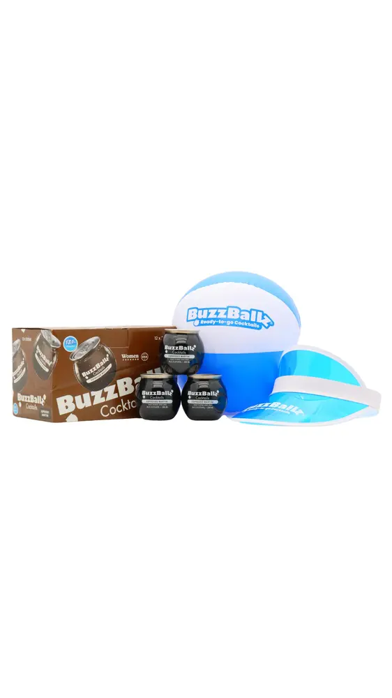 BuzzBallz - Espresso Martini Cocktail 20cl x 12 13.5% ABV (12 x 20cl)- (Includes Beach Ball & Sun Visor)