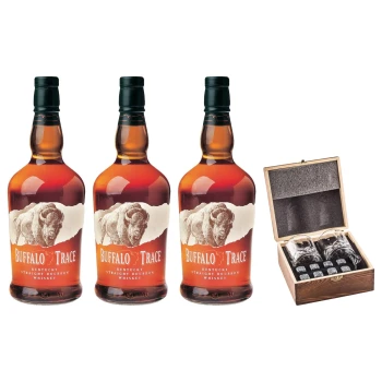 Buffalo Trace Bourbon 3-Pack With Gift — 3 Bottles, Wooden Box, 2 Glasses & Whiskey Stones