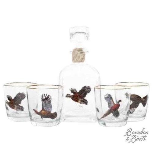 Upland Gamebirds Whiskey Decanter Set w/ 4 Tapered Old Fashion Glasses