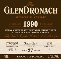 The Glendronach Scotch Single Malt 1990 27 Year Single Cask 750ml